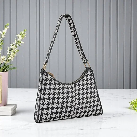 Houndstooth Baguette Shoulder Bag Black White PU Leather Y2K Streetwear Purse - Picture 14 of 14